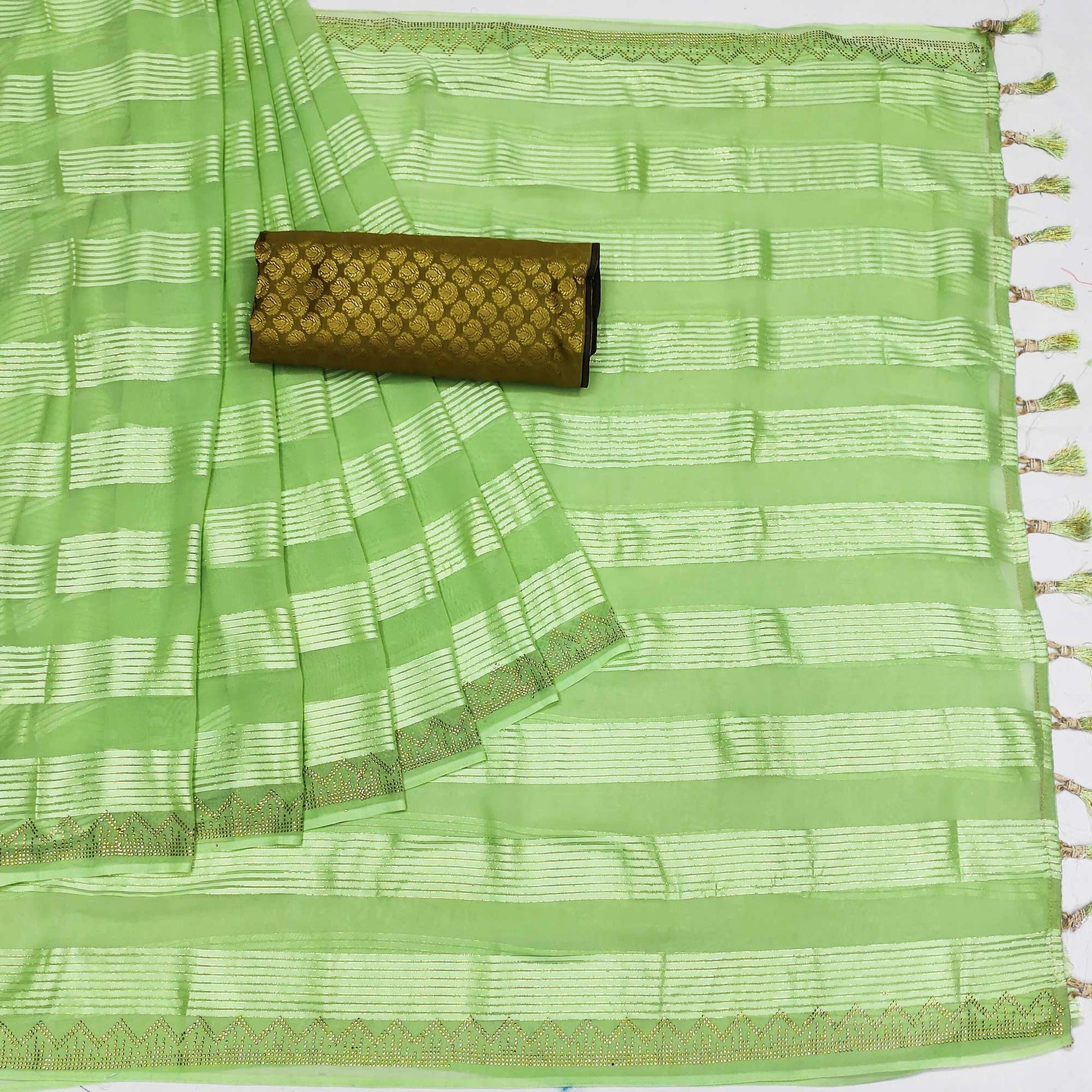 4-green-striped-with-stone-work-georgette-saree
