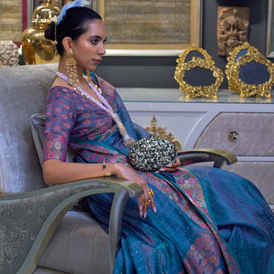 Blue Woven With Sequins Work Organza Saree