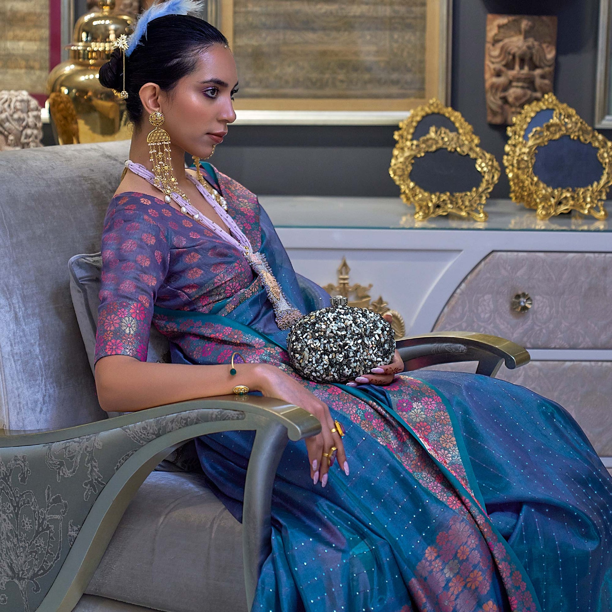 Blue Woven With Sequins Work Organza Saree