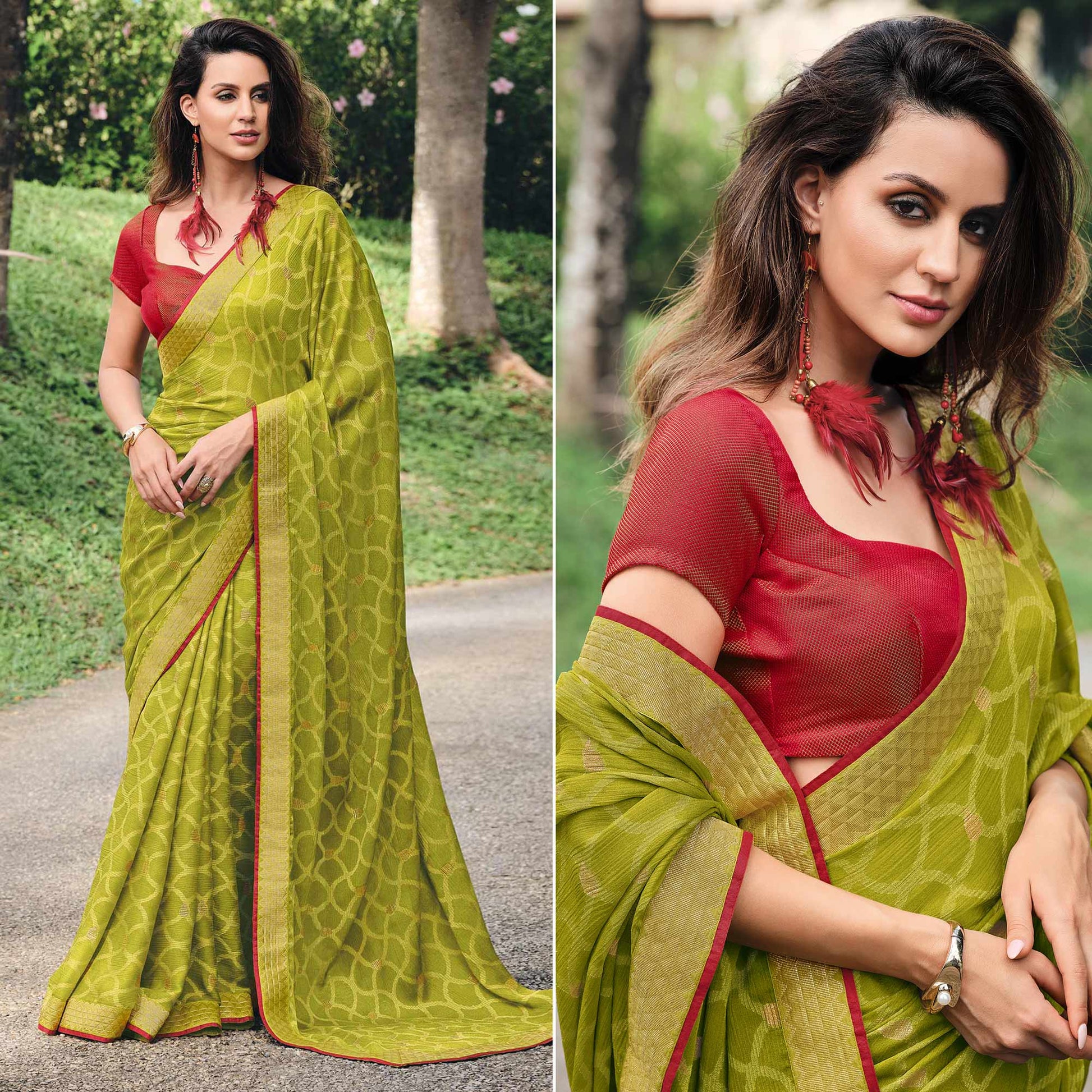 green-printed-chiffon-saree