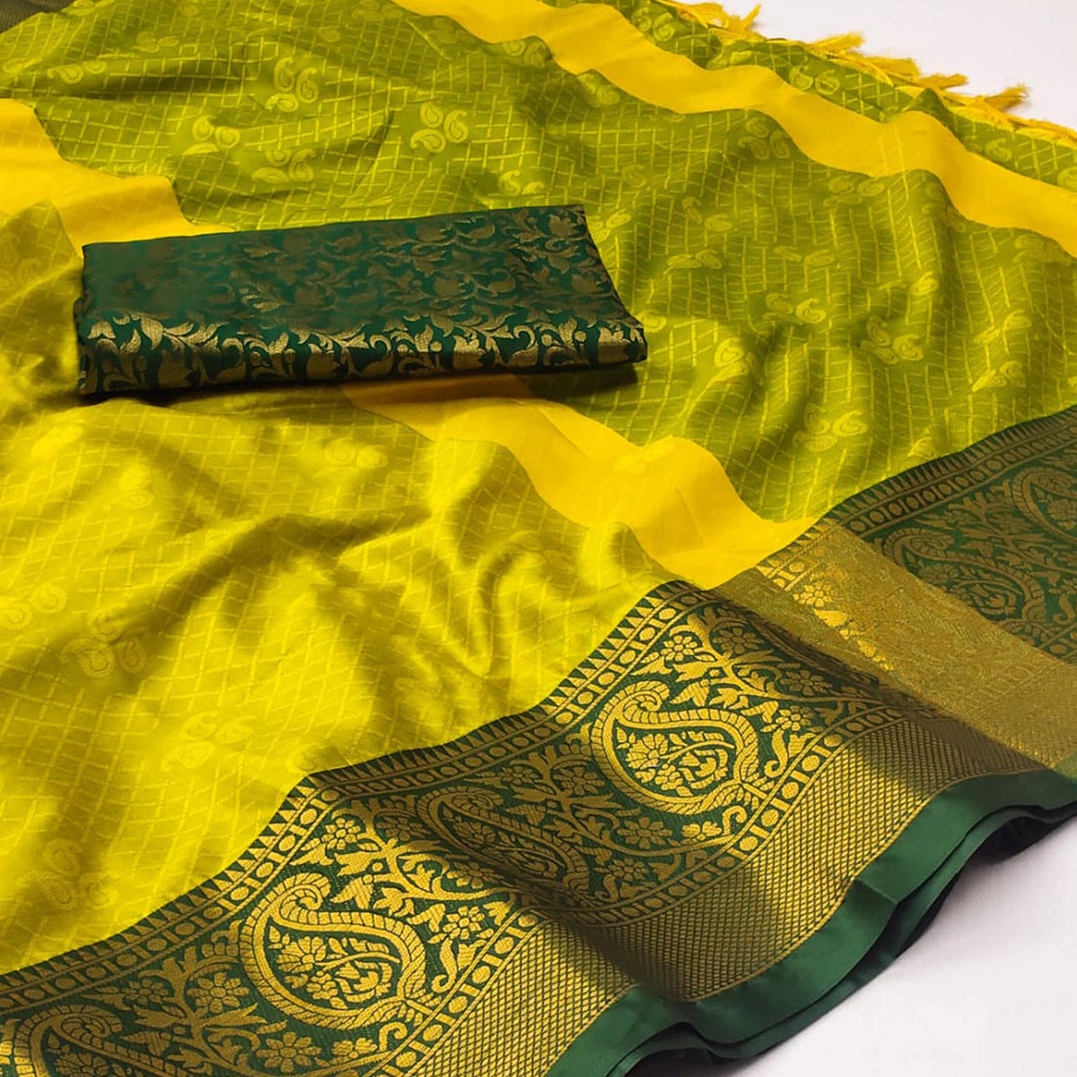 Lemon Green Woven Cotton Silk Saree With Tassels