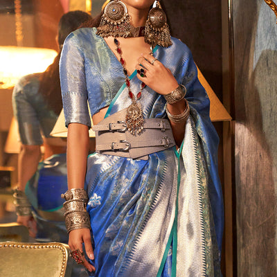 Light Blue Woven Organza Saree With Tassels