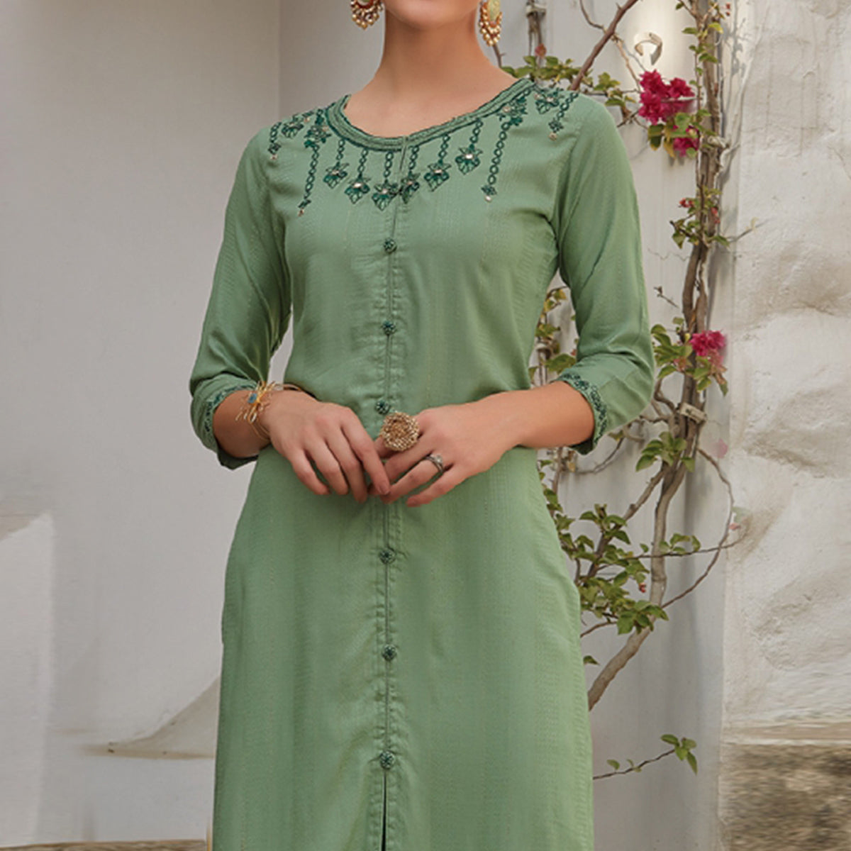 green-floral-embroidered-poly-cotton-kurti