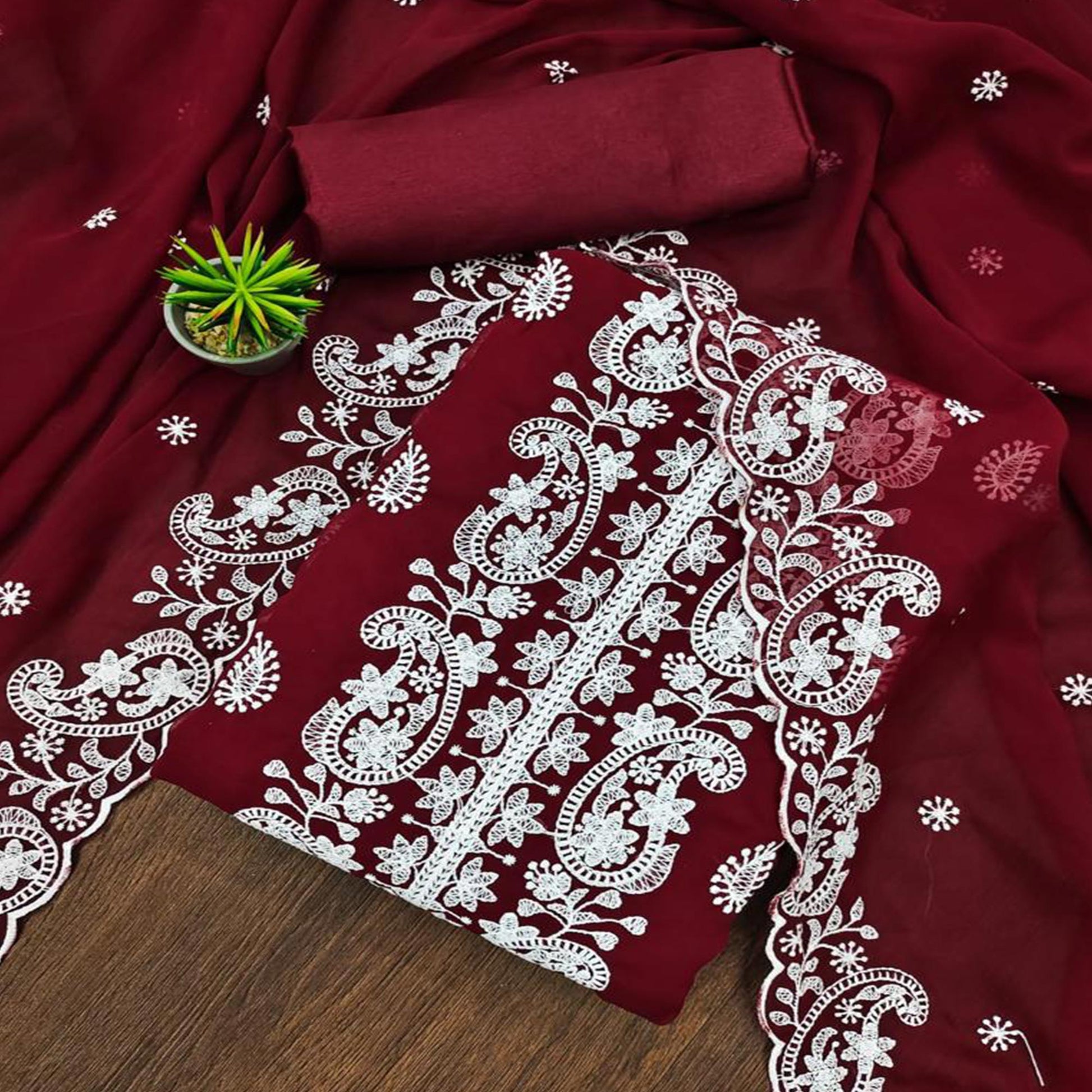 Maroon Embroidered Georgette Dress Material