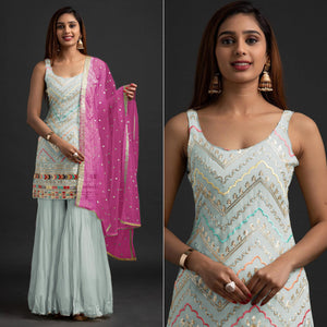 Light Grey Embroidered Georgette Sharara Suit