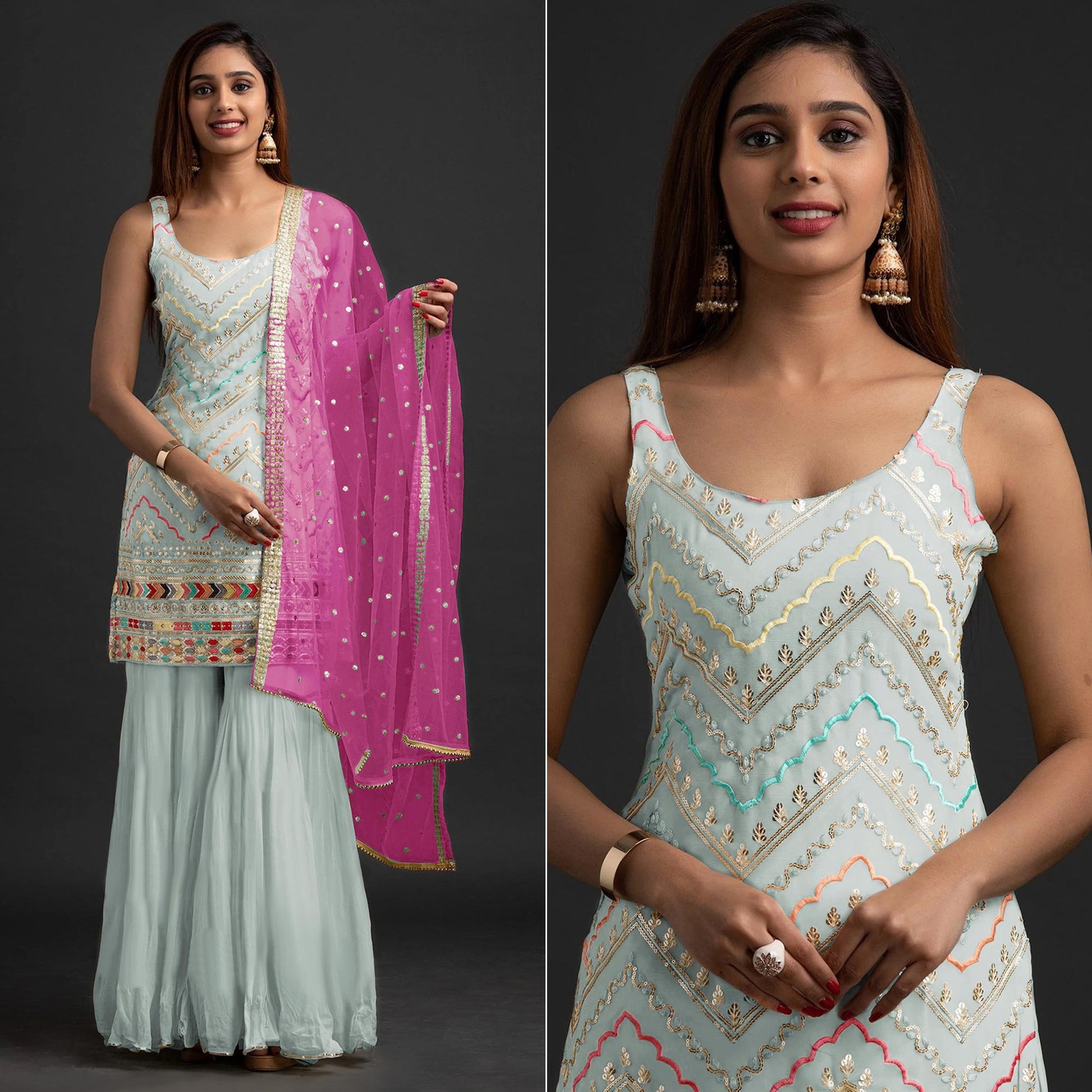 Light Grey Embroidered Georgette Sharara Suit