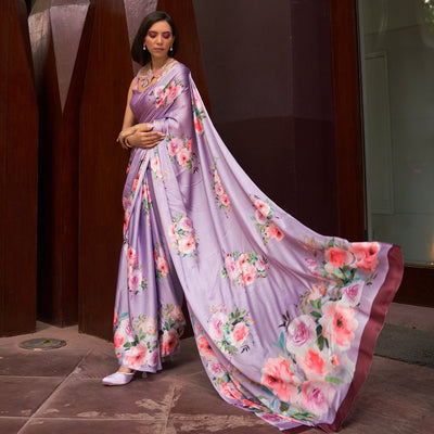 Light Purple Floral Digital Printed Satin Saree