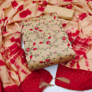 Chikoo Floral Sequins Embroidered Chanderi Dress Material