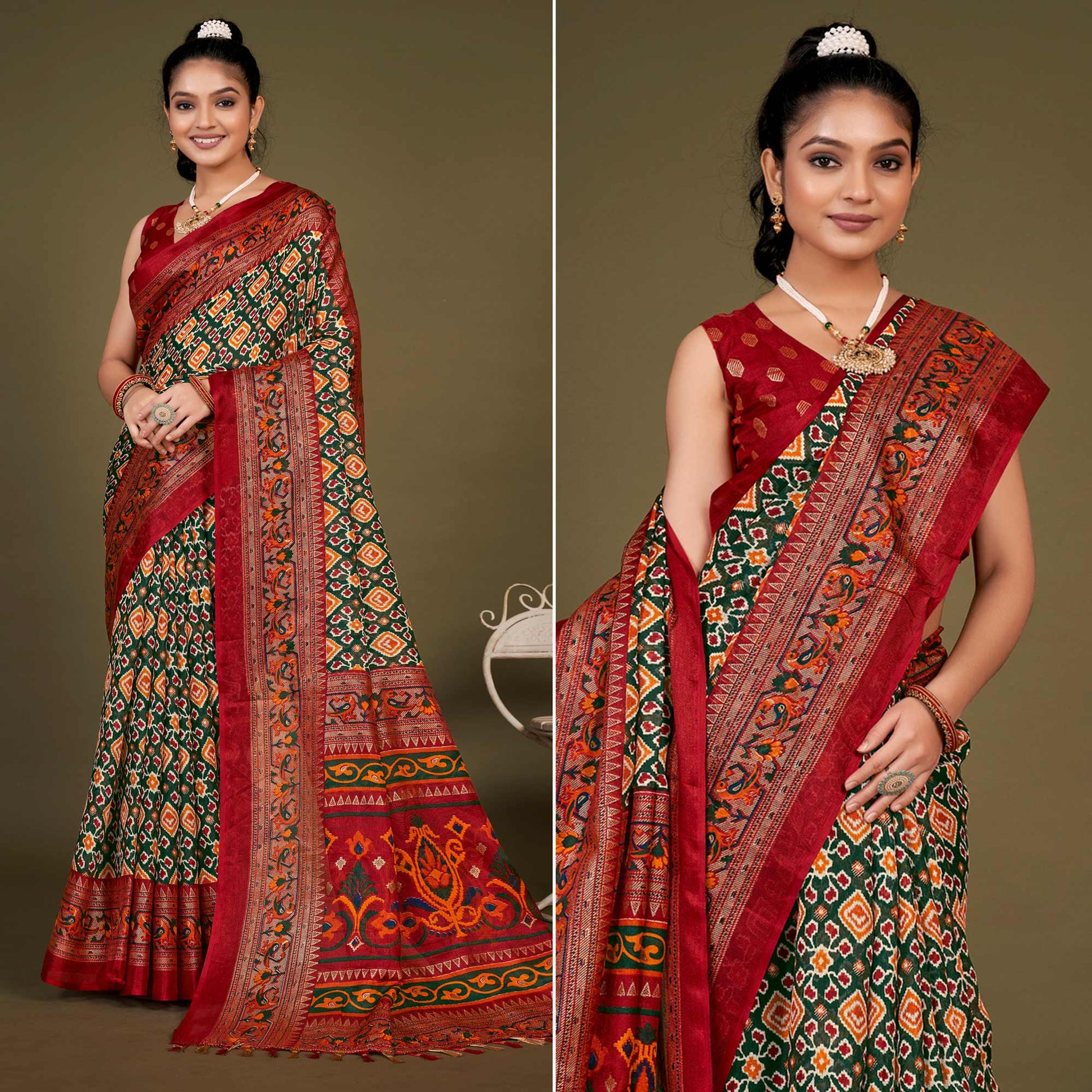 green-printed-jute-patola-saree-with-tassels-1