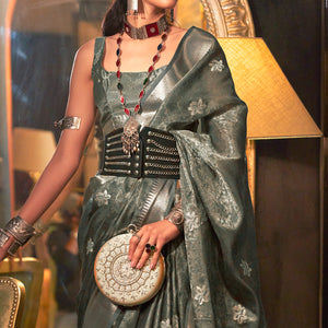 Grey Woven Organza Saree With Tassels