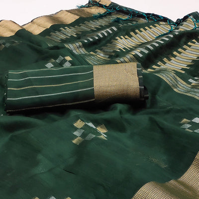 green-woven-khaadi-saree-with-tassels