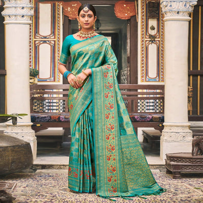 Firozi Woven Kanjivaram Silk Saree With Tassels
