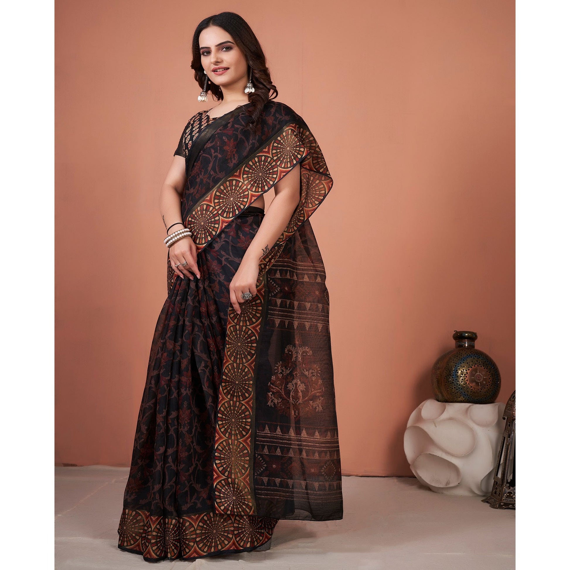 Brown Printed Cotton Saree With Tassels