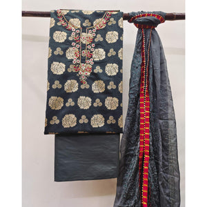 Grey Woven Banarasi Silk Dress Material
