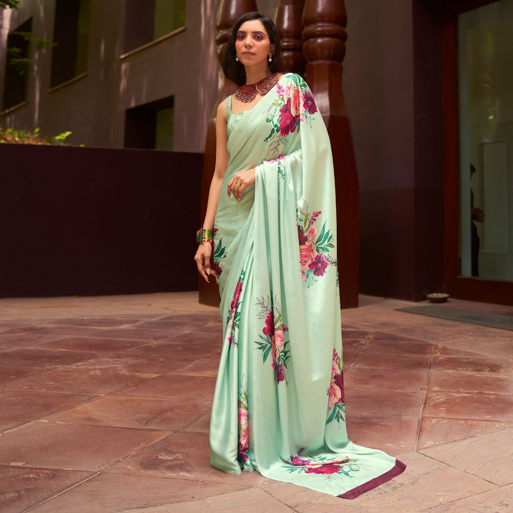 green-floral-digital-printed-satin-saree
