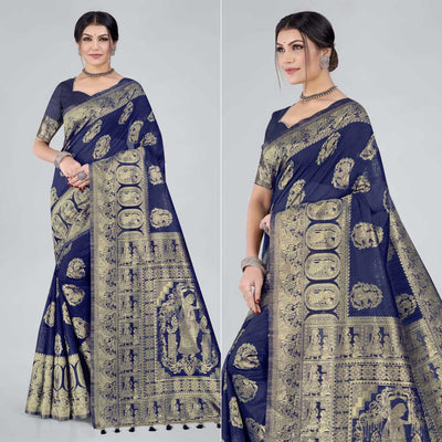 Blue Woven Organza Saree With Tassels
