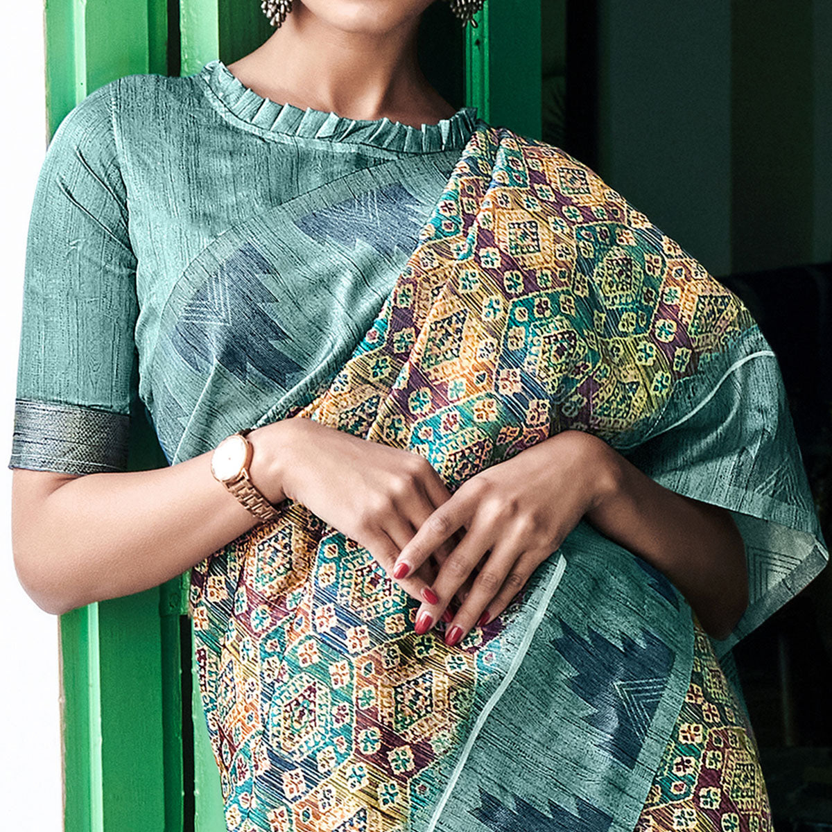 Multicolor Digital Printed Raw Silk Saree With Tassels