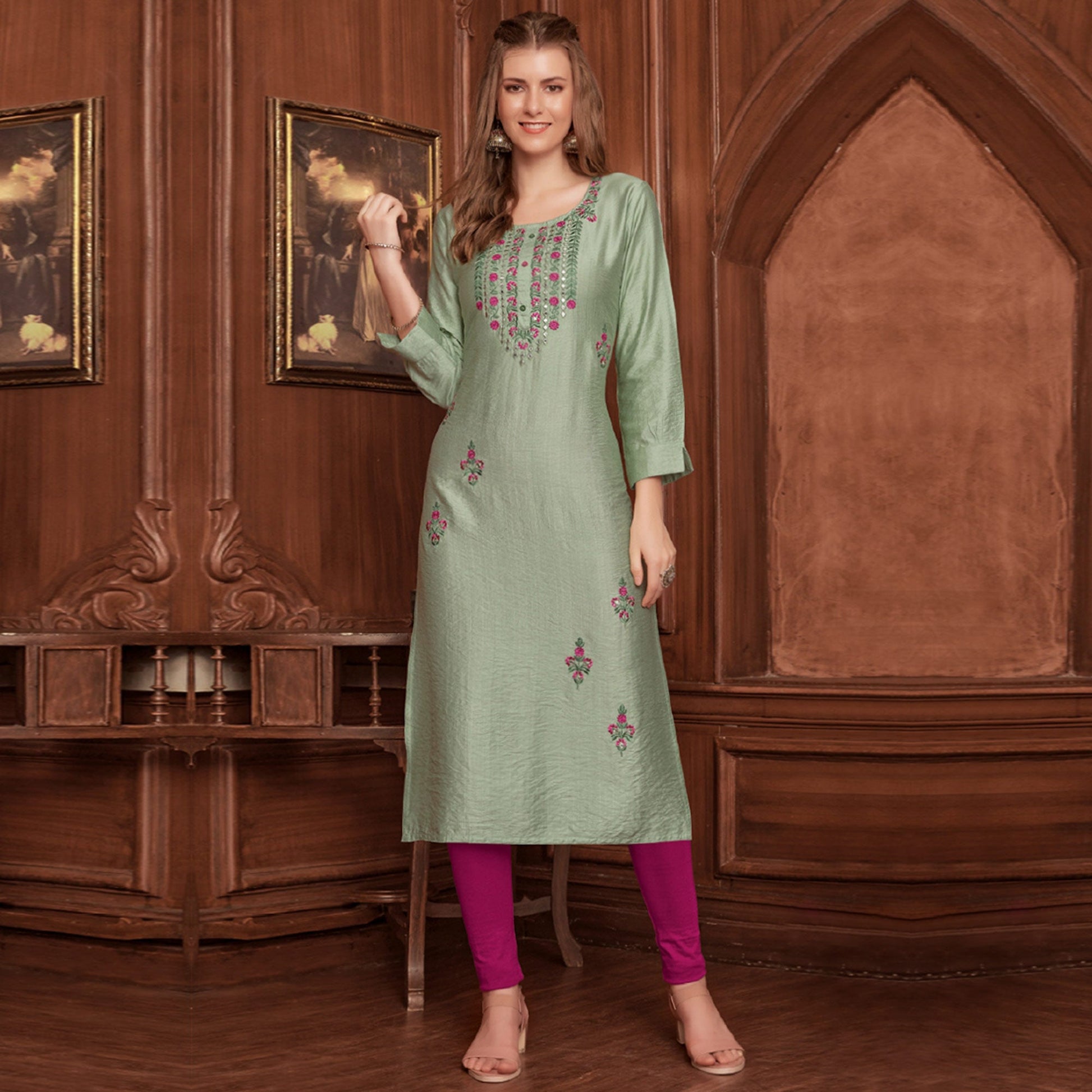 green-floral-embroidered-rayon-kurti