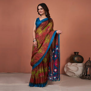Brown Printed Jute Saree With Tassels