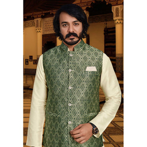 Cream Green Woven Art Silk Kurta Pyjama Set With Jacket