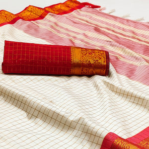 Cream And Red Woven Cotton Silk Saree With Tassels