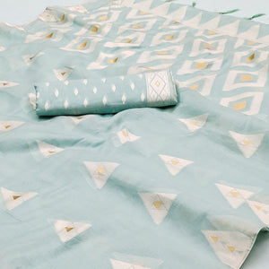 Light Blue Woven Cotton Saree With Tassels