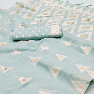 Light Blue Woven Cotton Saree With Tassels