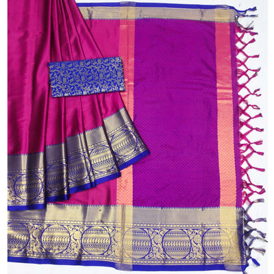 Magenta Pink Woven Cotton Silk Saree With Tassels
