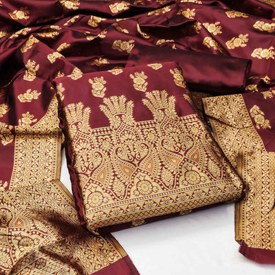 Maroon Floral Woven Jacquard Dress Material