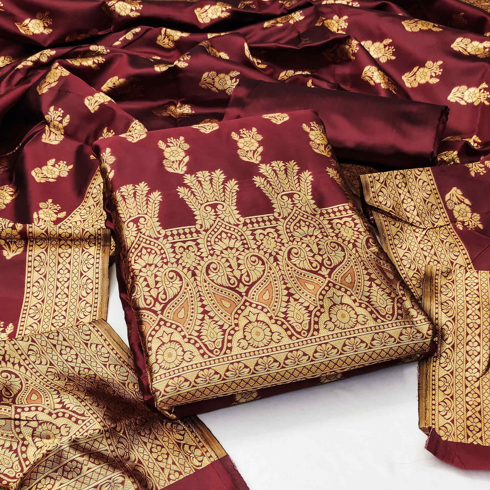 Maroon Floral Woven Jacquard Dress Material