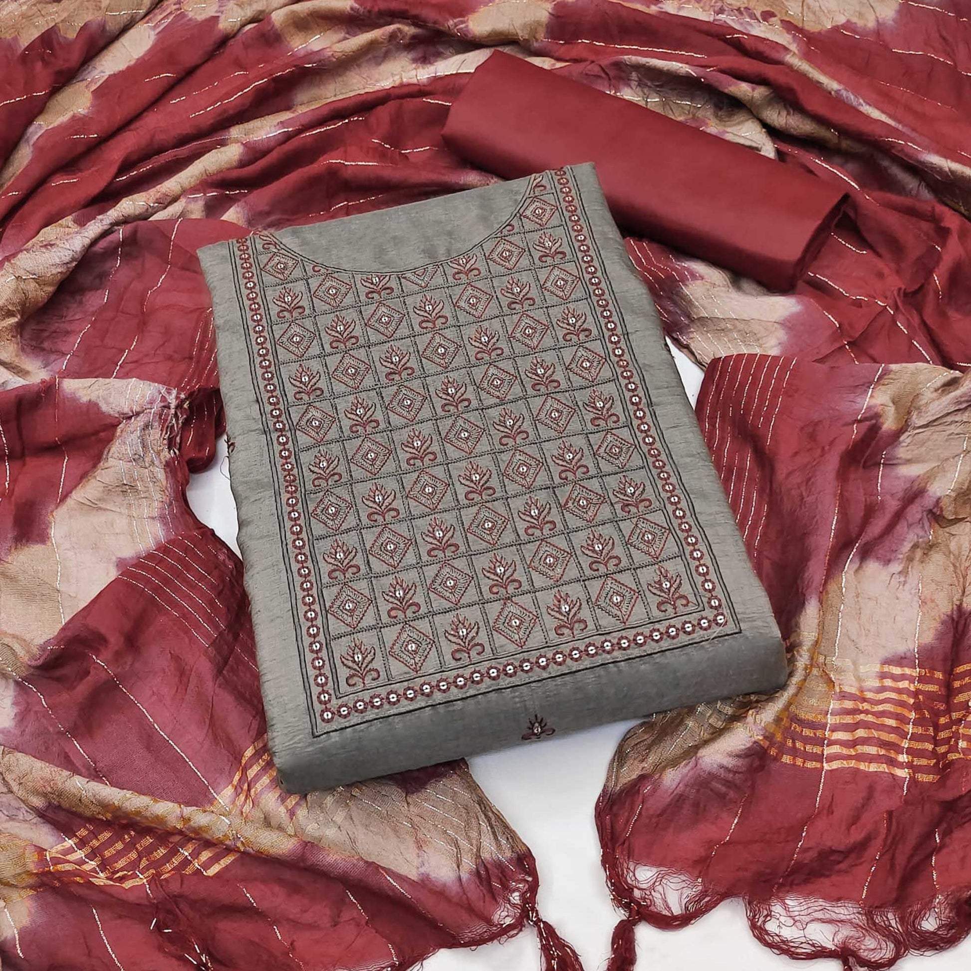 Coffee Embroidered Cotton Blend Dress Material