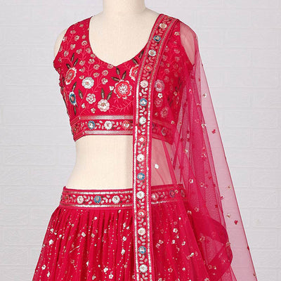 Cherry Red Sequins Embroidered Georgette Lehenga Choli