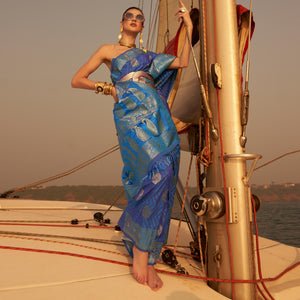 Blue Woven Satin Saree With Tassels