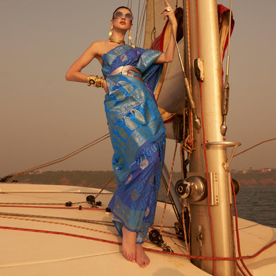 Blue Woven Satin Saree With Tassels