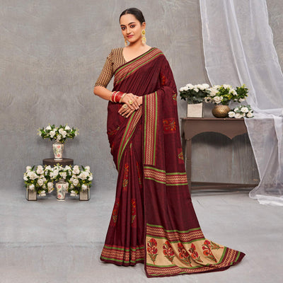Dark Maroon Printed With Embroidery Tussar Silk Saree