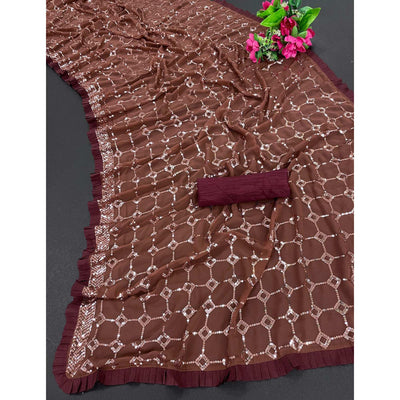 Brown Sequins Embroidered Georgette Saree