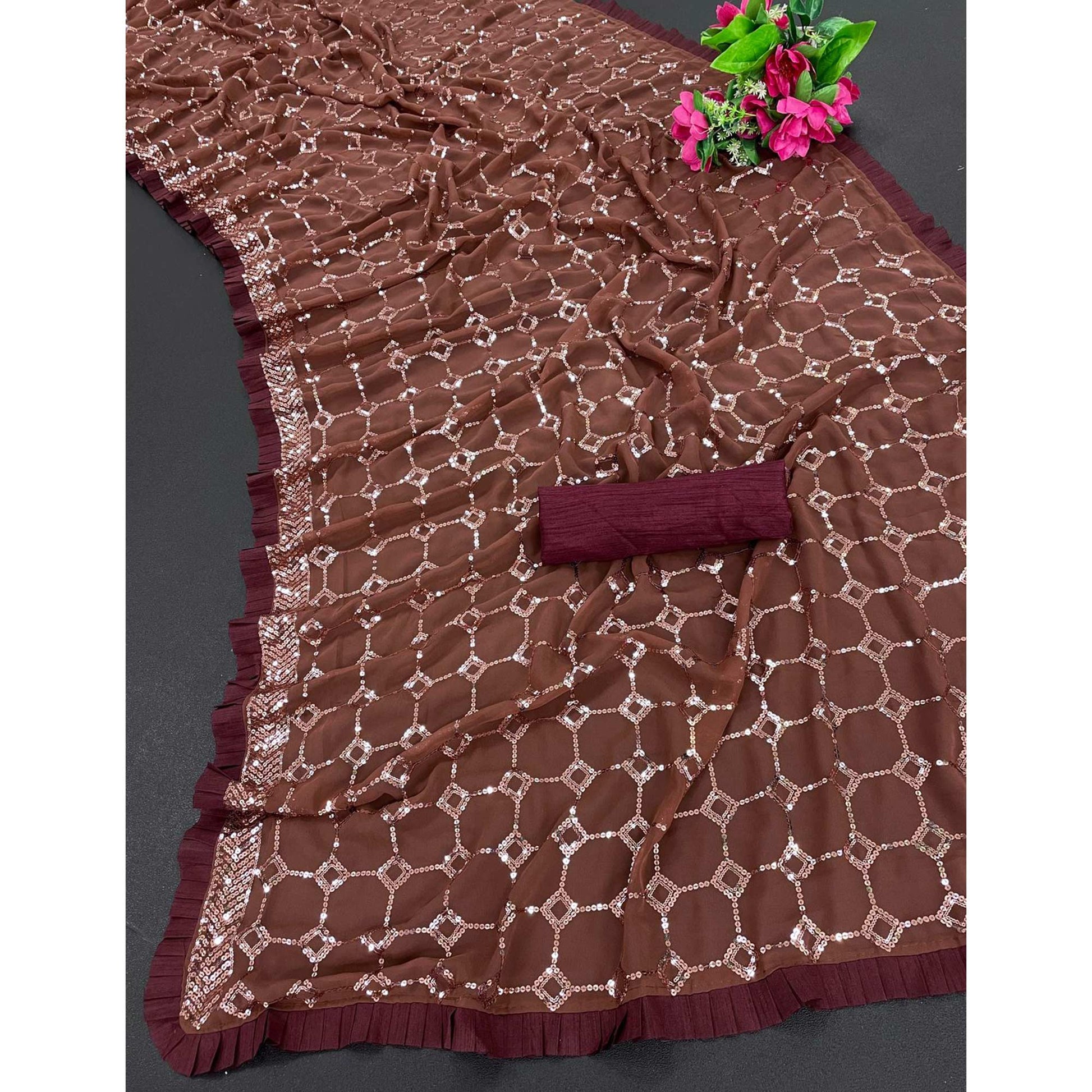 Brown Sequins Embroidered Georgette Saree