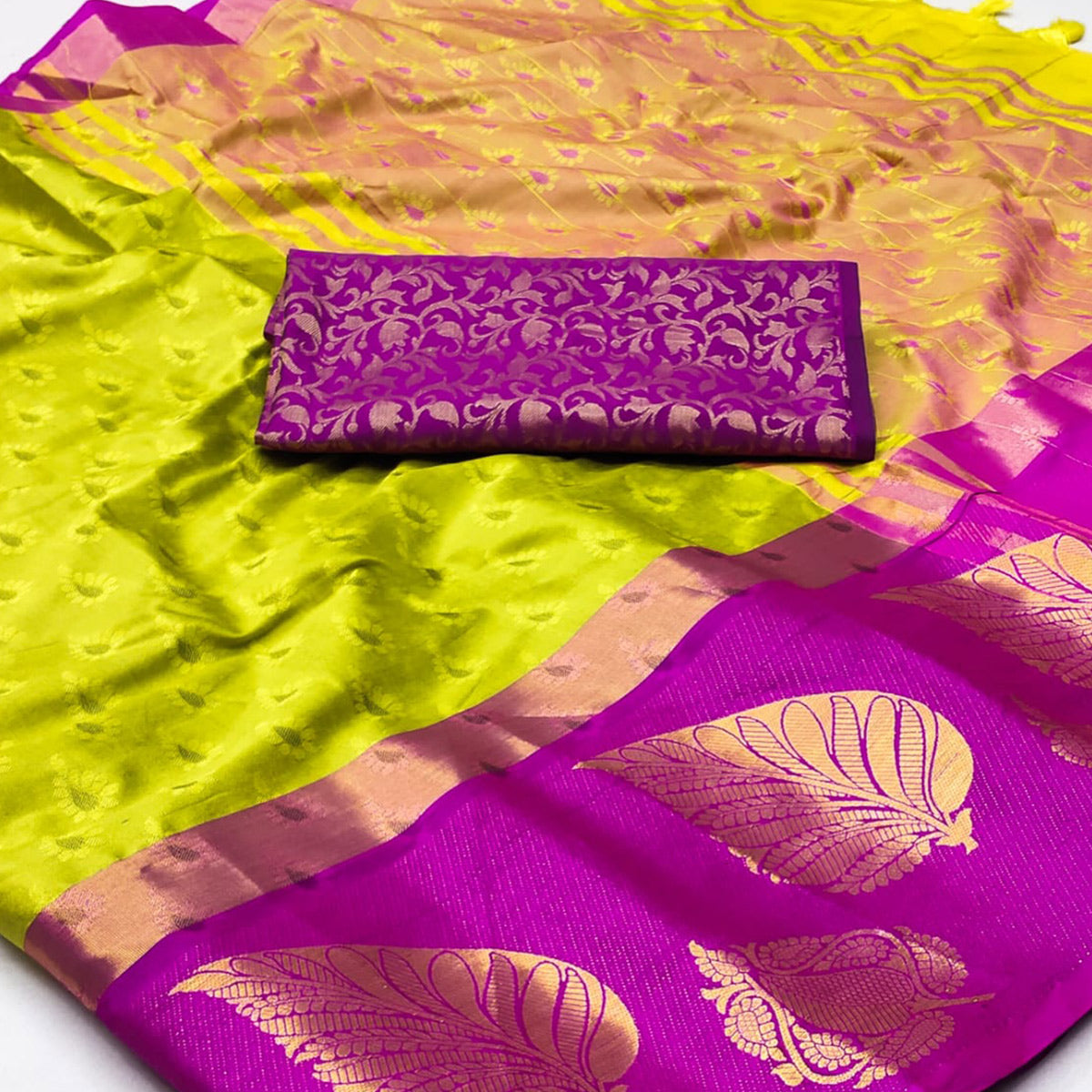 Lemon Green & Magenta Woven Cotton Silk Saree With Tassels