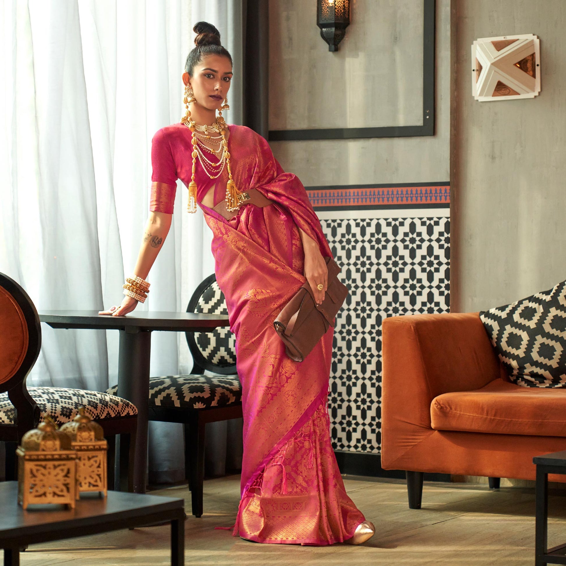 Magenta Pink Woven Art Silk Saree With Tassels