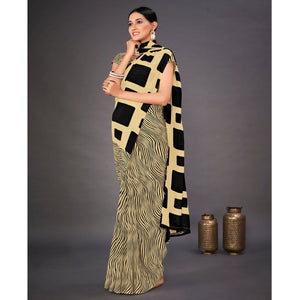 Cream Geometric Printed Crepe Saree