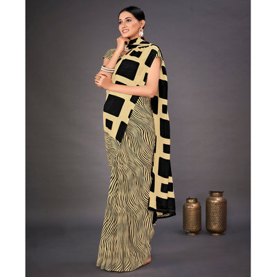 Cream Geometric Printed Crepe Saree