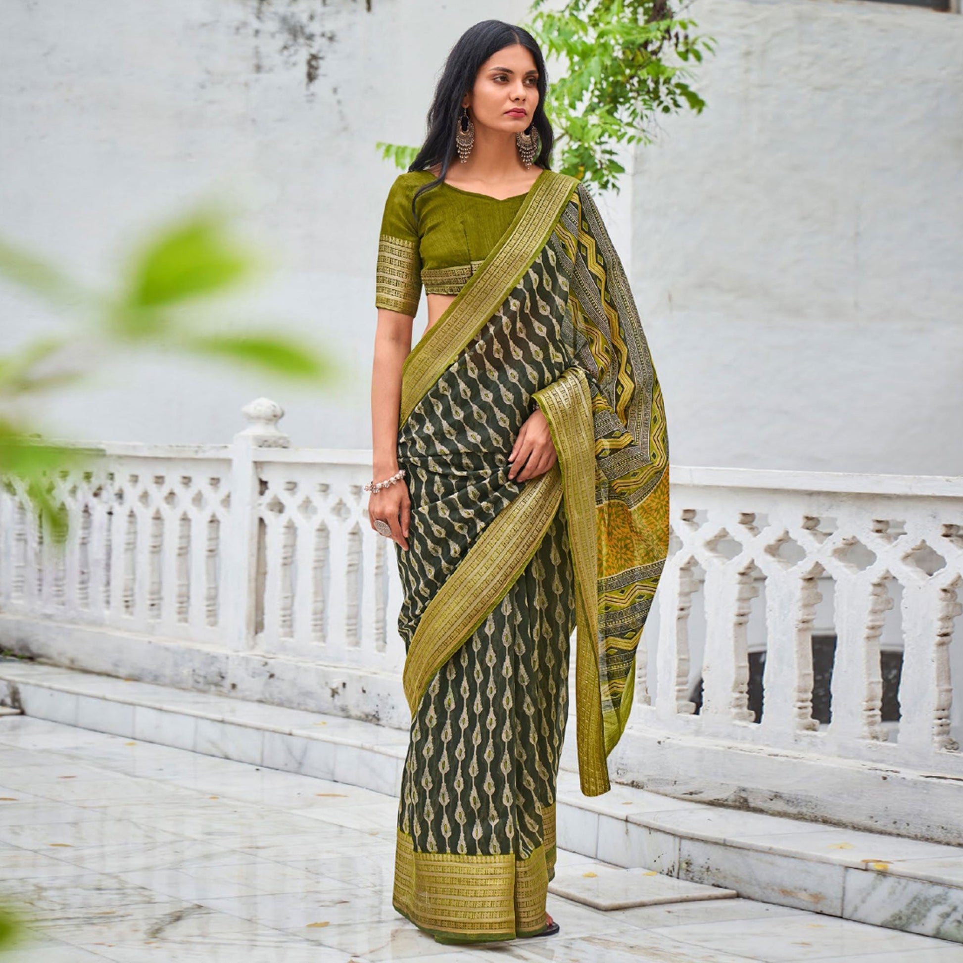 green-printed-with-woven-border-raw-silk