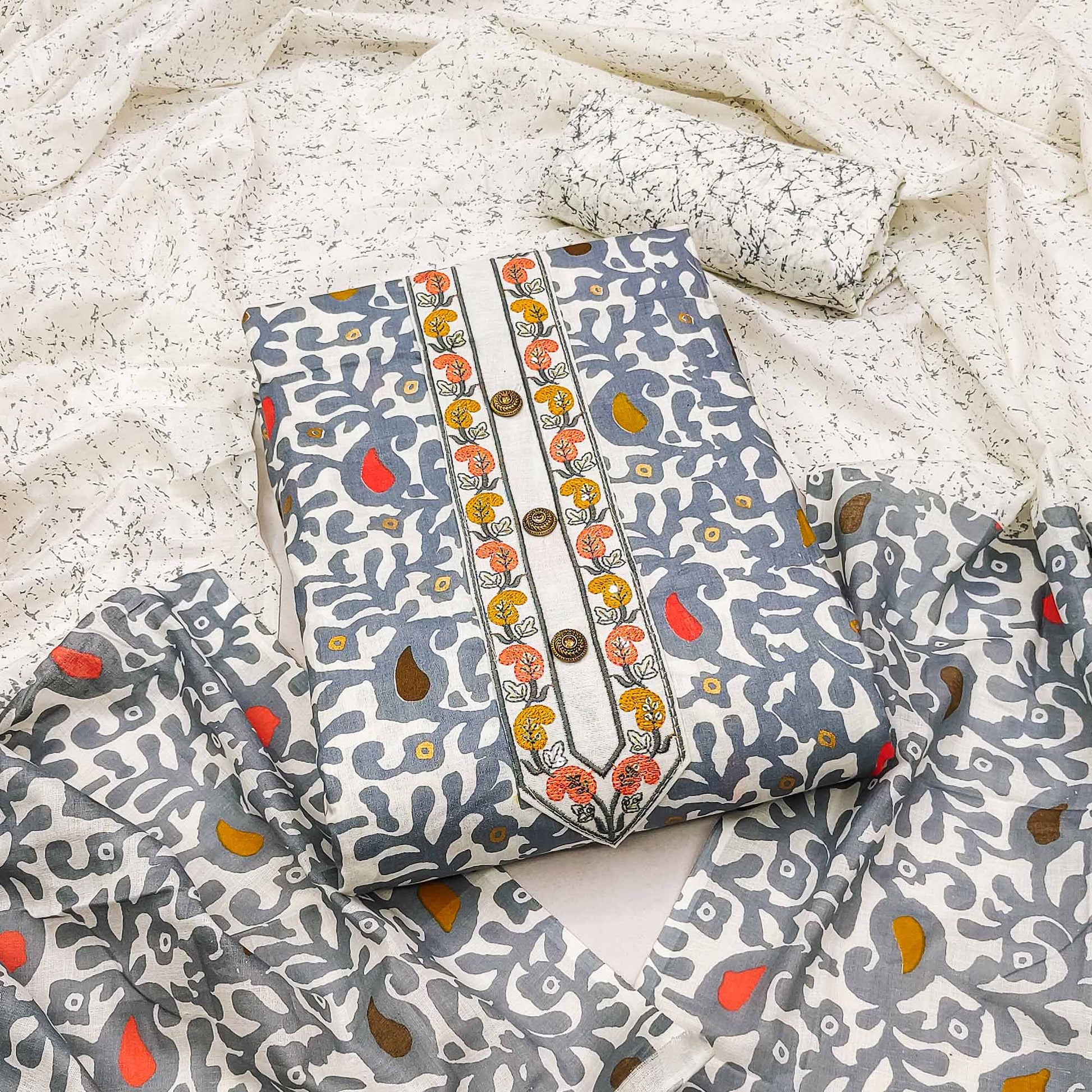 Grey Printed Cotton Dress Material