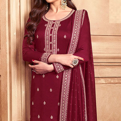 Maroon Floral Embroidered Georgette Semi Stitched Palazzo Suit