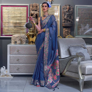 Blue Woven With Sequins Work Organza Saree