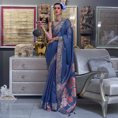 Blue Woven With Sequins Work Organza Saree