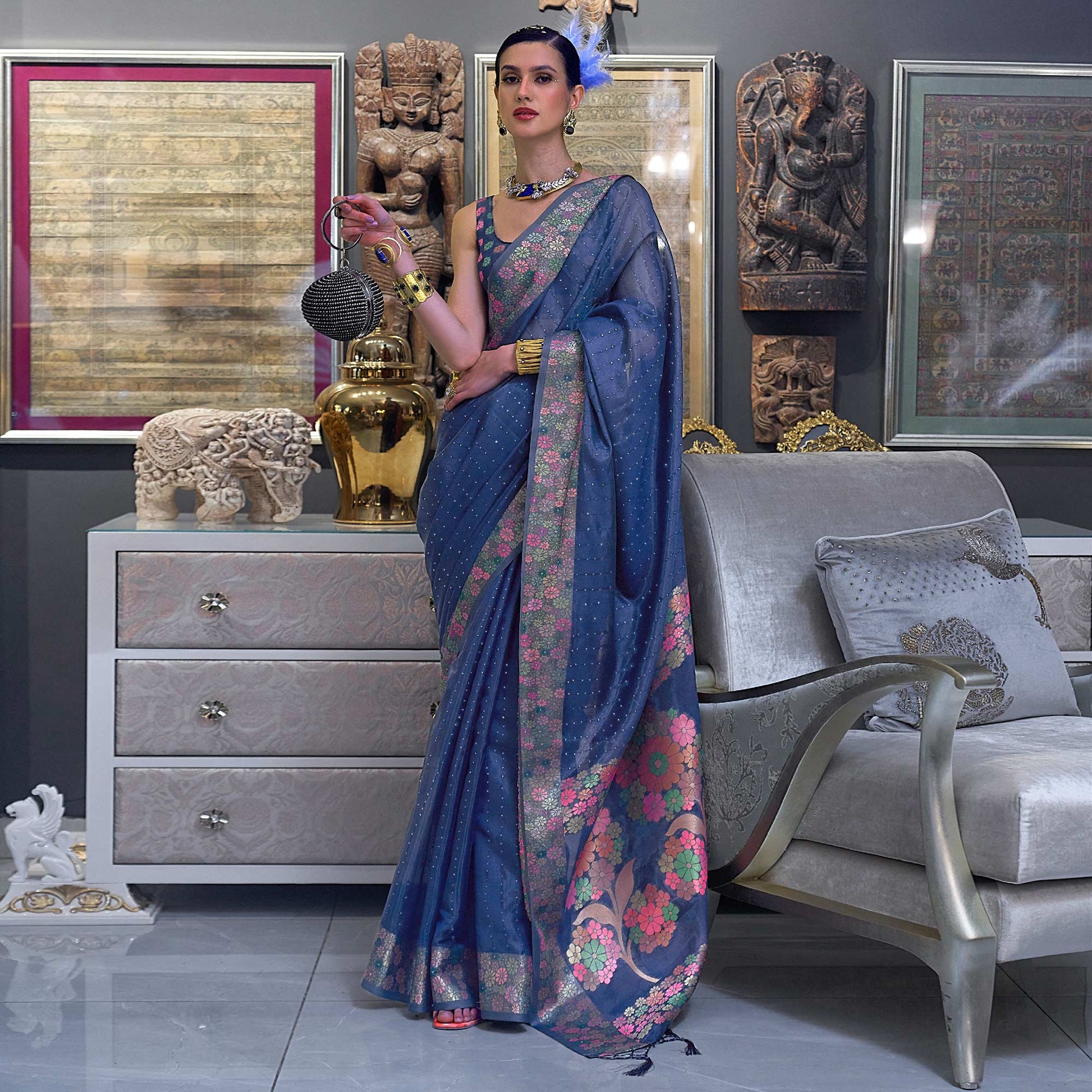 Blue Woven With Sequins Work Organza Saree