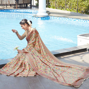 Cream Digital Printed Pashmina Saree