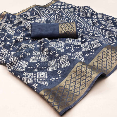 Grey Printed Cotton Silk Saree