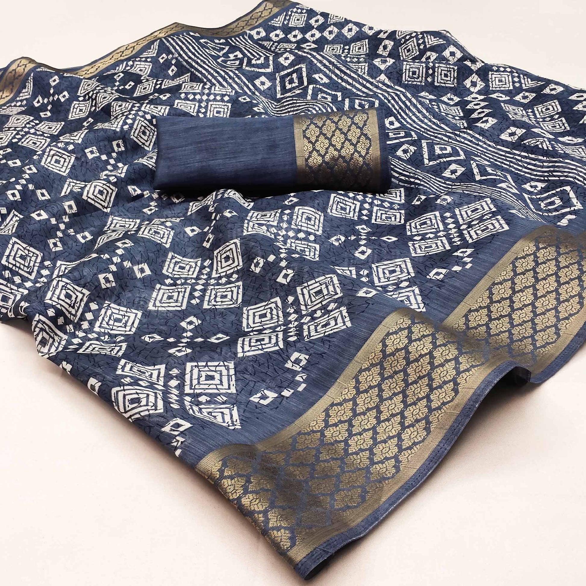 Grey Printed Cotton Silk Saree